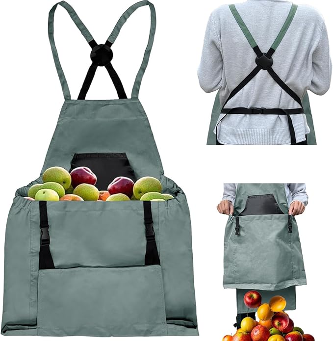 Gardening Aprons, Unisex Garden Aprons, Garden Picking Bag with Quick Release Pockets (Gray/Teal)