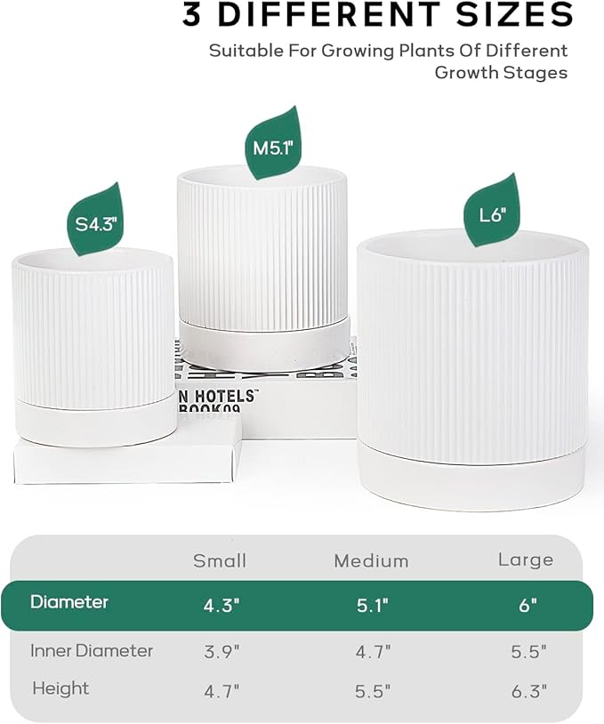 LaDoVita 3 Pack Ceramic Plant Pots 6/5/4 inch, Flowerpot for Indoor Plants with Drainage Holes and Tray, Outdoor Garden Planters, Modern Decorative for Home, White Vertical Stripes