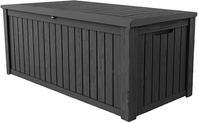 TARKARI 180 Gallon Lockable Resin Deck Box, Waterproof & UV-Resistant Outdoor Storage Box for Outdoor Cushion Storage, Garden Tools & Pool Accessories Storage, Black