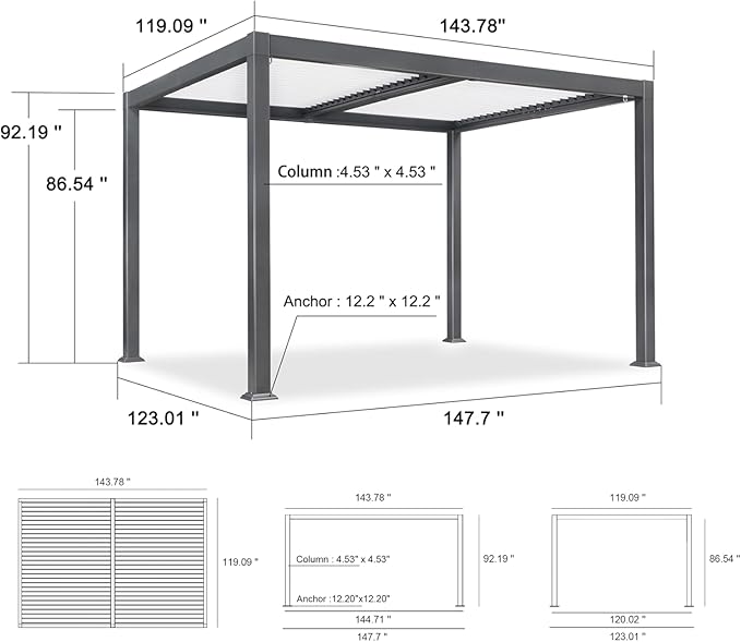 PURPLE LEAF Louvered Pergola 10' x 12' Outdoor Aluminum Pergola with White Adjustable Rainproof Roof Grey Frame Hardtop Gazebo for Patio Deck Garden