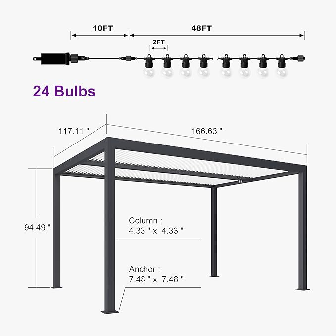 PURPLE LEAF Louvered Pergola 10' x 14' Outdoor Aluminum Pergola with Hidden Drainage System and Adjustable Sun Shade Roof Patio Hardtop Small Pergolas with String Lights for Patio Dining Side Yard