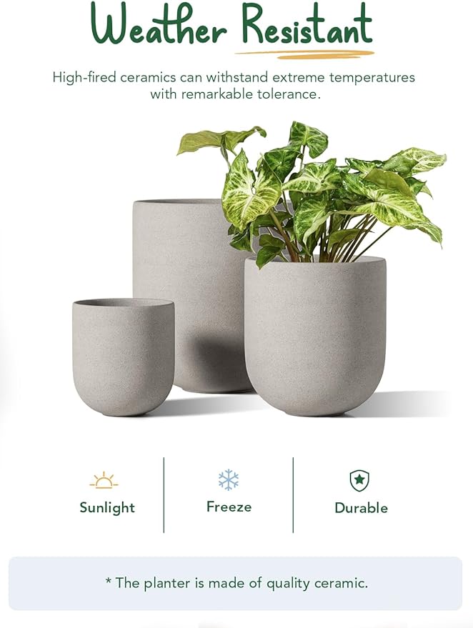 LE TAUCI 6+8+10 Inch Plant Pots Indoor, Ceramic Planters for Indoor Plants, Cylinder Pots with Drainage Hole and Plug, Planter Pots for Home Office Room Patio, Set of 3, Neutral Gray