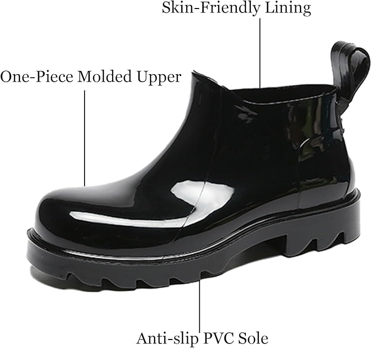 Women's PVC Lug Sole Ankle Rain Boots Comfort Round Toe Waterproof Low Chunky Platform Non-Slip Mid Top Garden Chelsea Short Galoshes for Outdoor Work