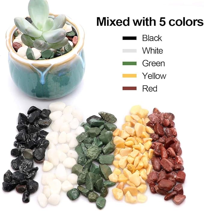 Natural Decorative Pebbles Rocks Polished Tterrarium Gravel White Stones with Red, Green, and Yellow Pastel Accents Mixed Color Aquarium Stones Garden Accessories Top Dressing for Bonsai Potted 2.2lbs
