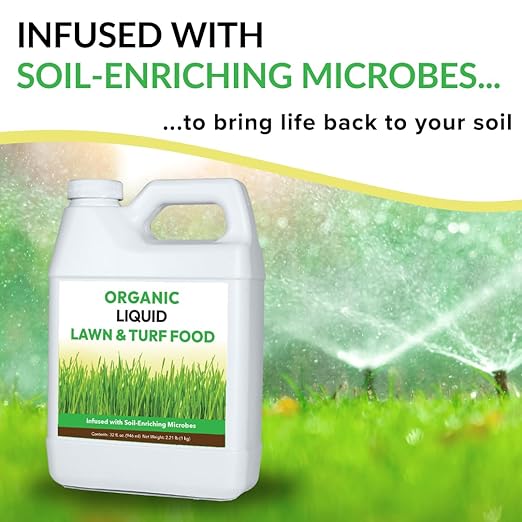 Organic Liquid Lawn & Turf Food - Quickly Rejuvenates Lawn Health and Restores Rich Green Colors to Depleted Grass | Infused with Soil Enriching Microbes (32oz, Treats Up to 5,000 Sq. Feet)