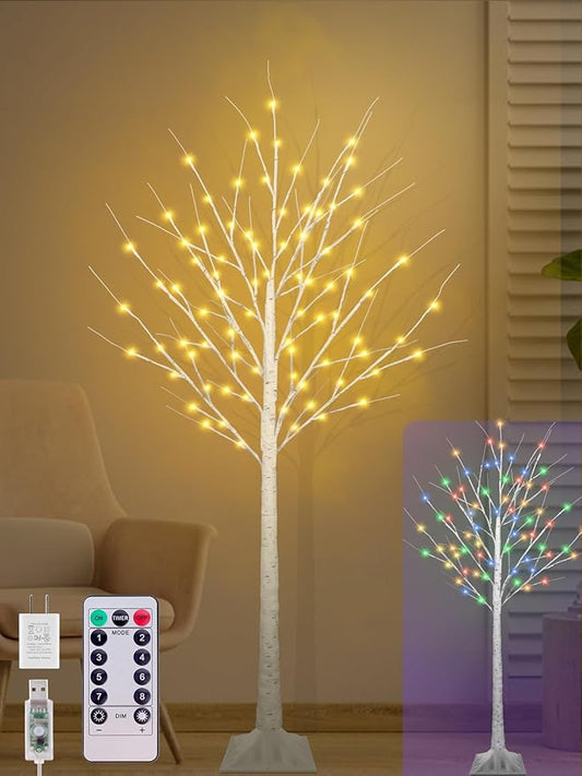 5FT Lighted Birch Tree with 90 LED Warm White and Multicolor Lights, 8 Modes, Timer Remote Faux Prelit Twig Christmas Tree with Lights for Indoor Outdoor Xmas Holiday Party Decoration