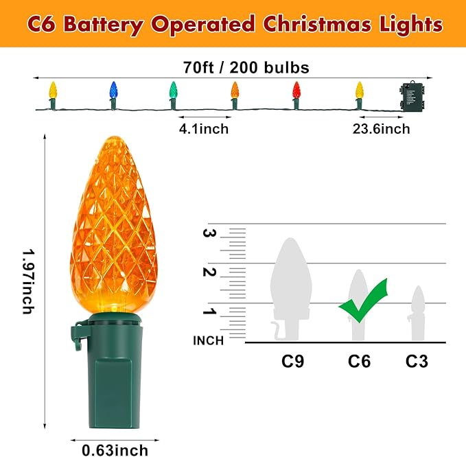 Brightever C6 Battery Powered Christmas Lights, 70FT 200LED Outdoor Christmas Lights with Timer & 8 Lighting Modes, Waterproof Strawberry Light for Indoor Outdoor Xmas Decor, Multicolor, 1-Pack