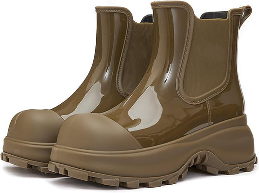 Women'S Waterproof Chunky Platform Chelsea Rain Boots Fashion Big Toe Comfort Slip-On Block Heel Outdoor Garden Work Ankle Boots Casual Lug Sole Non-Slip Combat Booties