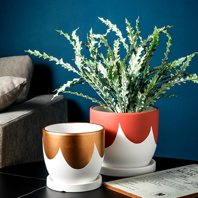 Braque Ceramic Plant Saucer 7 Inch, 2 Pack Round Matte White Flower Plant Saucers for Holding Water Drips and Soil, Ceramic Drainage Tray for Plant Pots, Include Silicone Feet Protect Surface