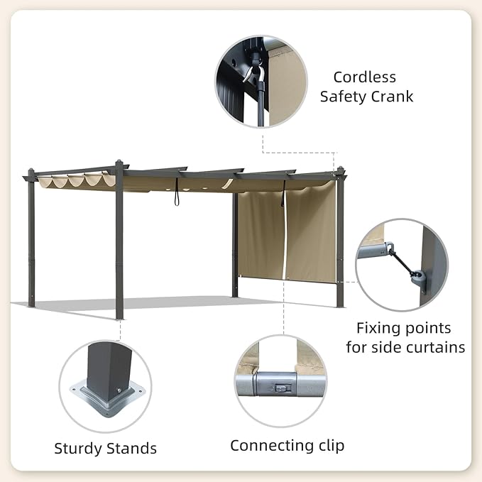BPS 12x16 FT Outdoor Pergola - Retractable Shade Canopy with Aluminum Frame & Roller Shade Curtains for Patio, Backyard, or Deck, Khaki