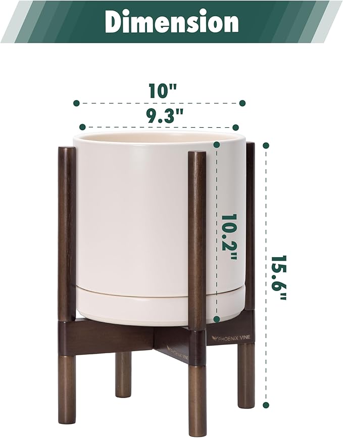 D'vine Dev Ceramic Planter with Walnut Color Stand - 10 Inch Modern Round Flower Pot with Wood Planter Holder, Oatmeal, 55-B-X-8