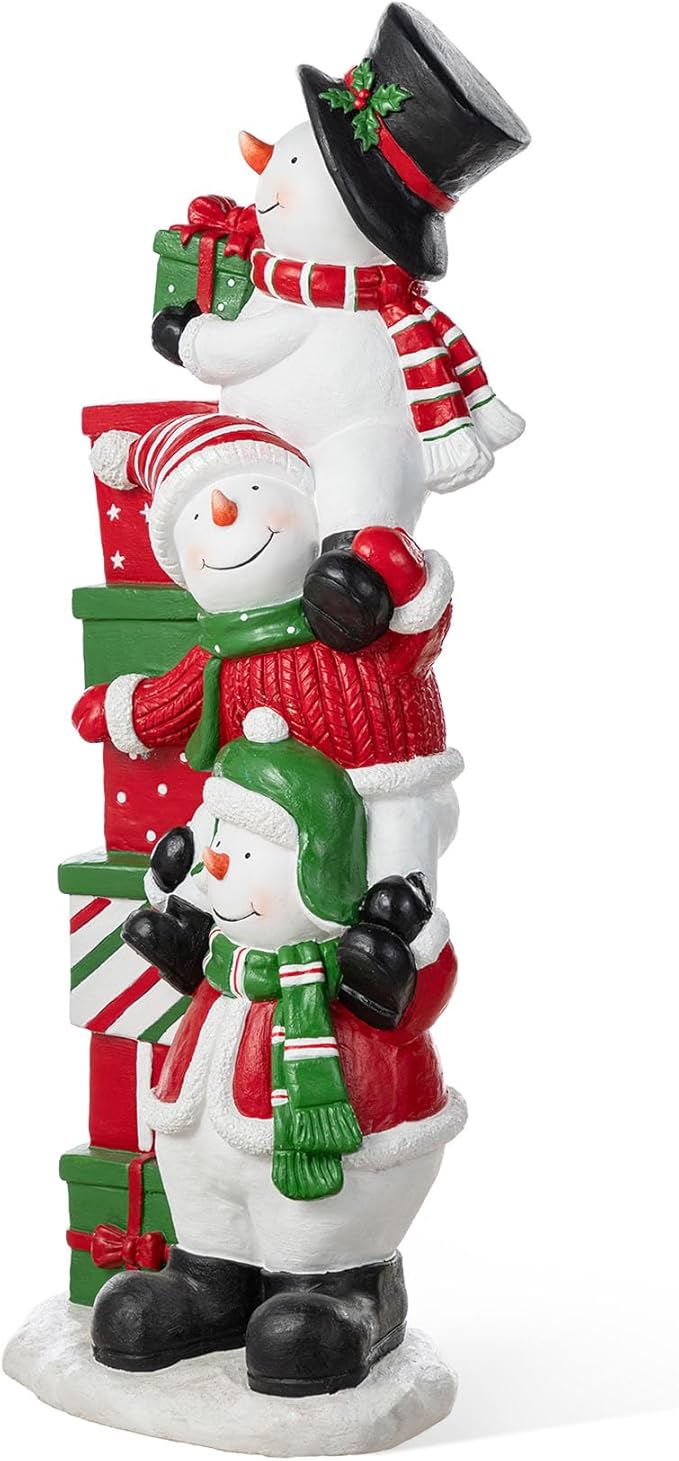 Glitzhome Christmas Front Porch Decor, Resin Stacked Snowman Xmas Porch Sign Decoration for Indoor Outdoor Patio Standing Decor, 35.25" H