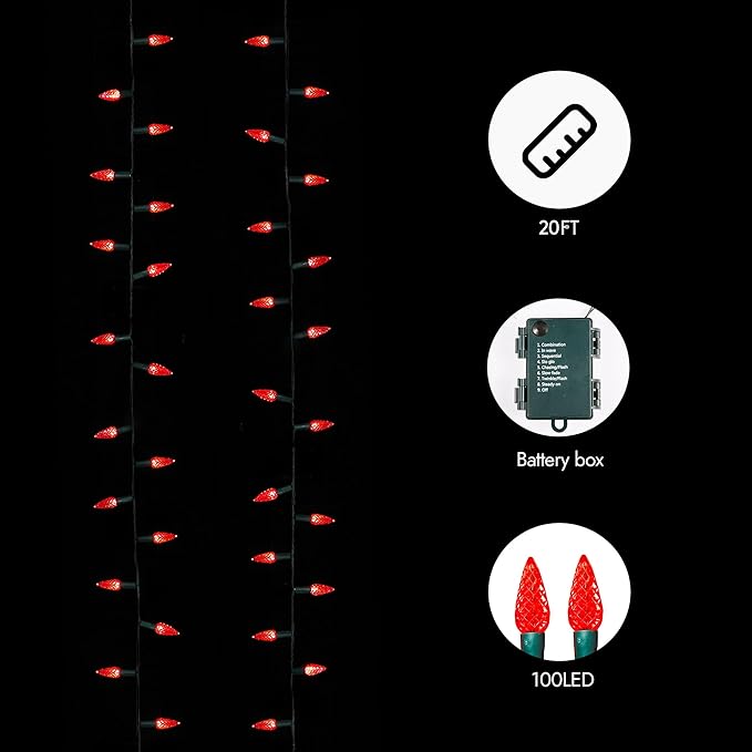 WBao C6 60 LED 20ft Battery Operated Christmas String Lights with 8 Modes, Timer, Waterproof Design for Indoor Outdoor Christmas Trees, Fence, Stairs Xmas Decorations, Red