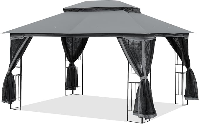ECOTOUGE 10' X 13' Outdoor Gazebo, Soft Double Roof Canopy Tent with Mosquito Netting, Party Tent Shelter with Corner Frame Shelves for Patio, Backyard, Deck, Grey