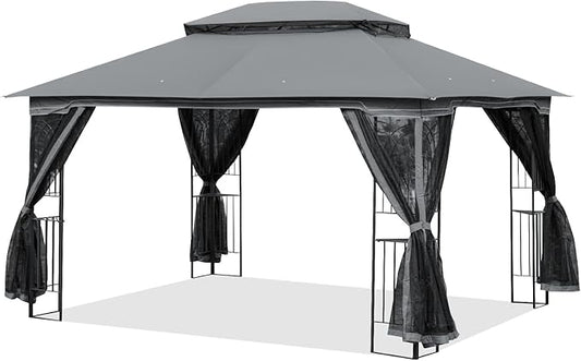 ECOTOUGE 10' X 13' Outdoor Gazebo, Soft Double Roof Canopy Tent with Mosquito Netting, Party Tent Shelter with Corner Frame Shelves for Patio, Backyard, Deck, Grey