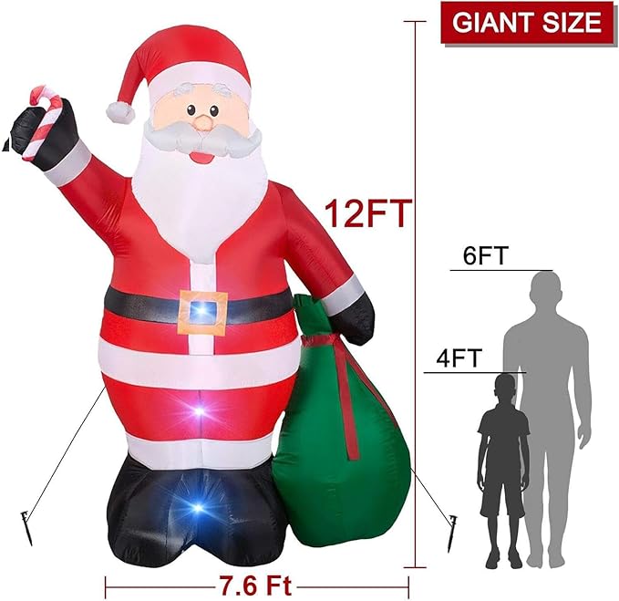 12 Ft by 7.6 Ft Giant Christmas Inflatables Decorations Outdoor Santa Claus with Gift Bag with LED Light for Christmas Blow Up Yard Decor for Lawn Garden Party Holiday Xmas Decorations Cute Fun