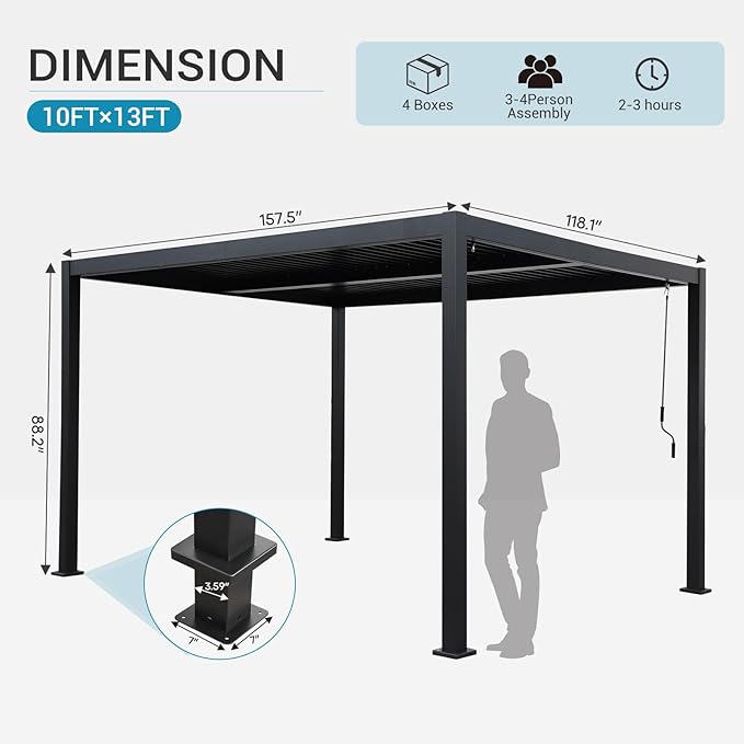 LVUYOYO Outdoor Louvered Pergola 10' x 13', Aluminum Pergola with Adjustable Roof, Waterproof Metal Gazebo for Patio, Backyard, Garden, Deck (Black)