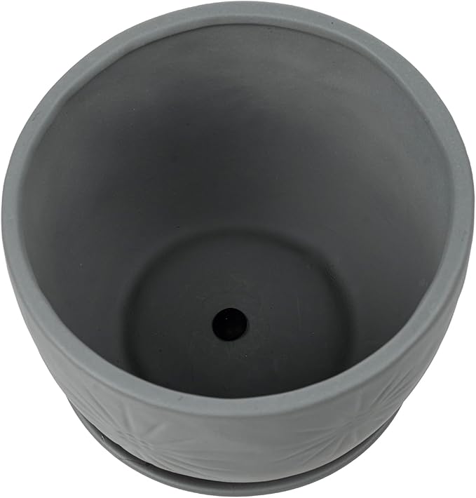 MyGift 7 Inch Grey Ceramic Plant Pot with Drainage Hole and Attached Saucer, Modern Decorative Embossed Sunburst Planter Container for Indoor Home Garden