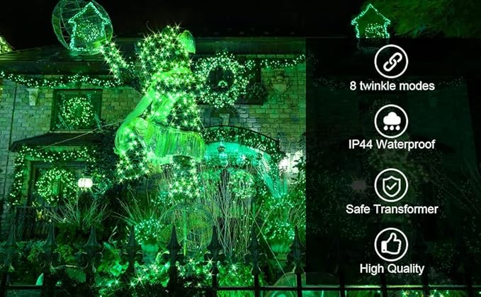 kemooie 300 LED Green Christmas Lights, 99 FT 8 Twinkle Modes Connectable Plug in Green Wire String Lights, Waterproof Christmas Lights for Party Irish St Patrick's Day Xmas Decorations