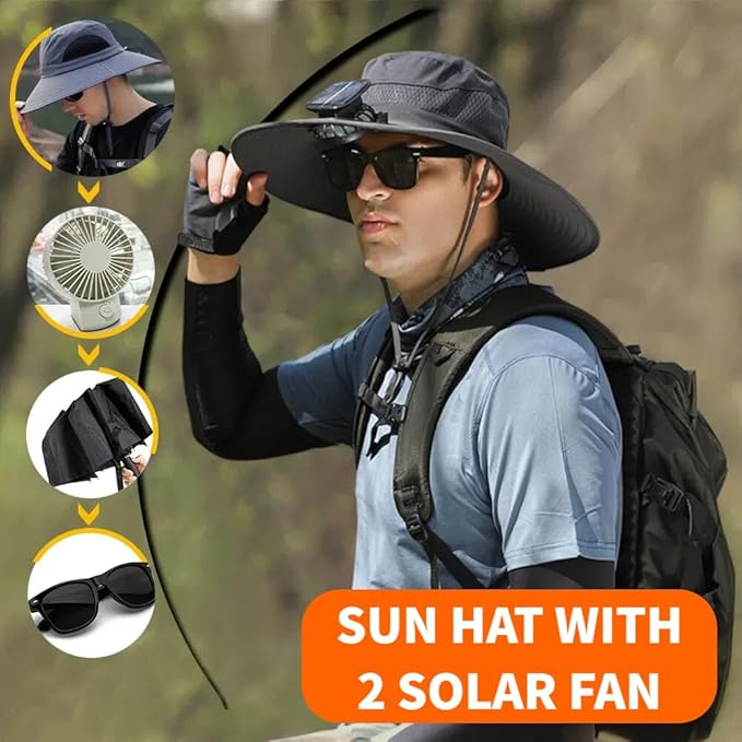 Wide Brim Solar Fan Hat for Men Women- UPF 50+ Sun Bucket Hat with 2 Built-in Solar Powered Fans for Fishing, Hiking & Beach