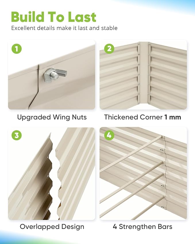 Quictent Galvanized Raised Garden Bed 8x4x2 Ft Tall Metal Planter Box for Vegetables Bottomless for Backyard, 2 Tomato Cages Included, 22.04" Deep, Beige