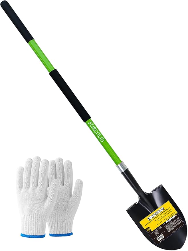 Shovel for Digging, Heavy Duty Gardening Shovel 57 Inch Straight Handle Round Blade with Non-Slip Tail Cover, Lawn and Yard Tools, Fiberglass Handle(Green)