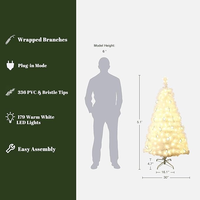 LuxenHome 5FT White Christmas Tree, 13 Lighting Funtions Artificial Fiber Optic Christmas Tree with 179 LED Lights, 336 PVC and Bristle Tips, Plug-in White Xmas Trees for Living Room, Entryway Decor