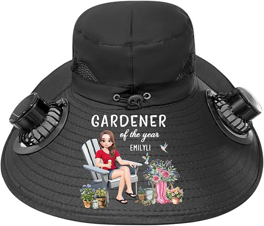 Custom Hats with Fans Solar Powered, Personalized Name Gardener of The Year Solar Fan Hat for Women