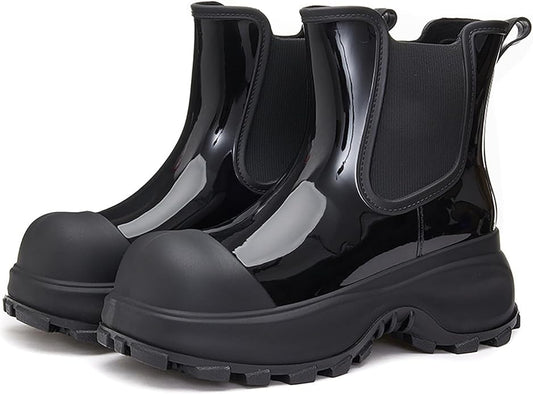 Women'S Waterproof Chunky Platform Chelsea Rain Boots Fashion Big Toe Comfort Slip-On Block Heel Outdoor Garden Work Ankle Boots Casual Lug Sole Non-Slip Combat Booties