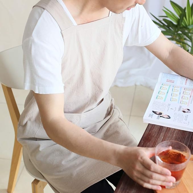 NEWGEM Japanese Linen Cross Back Cooking Aprons for Women Men with Pockets Cute for Baking Kitchen