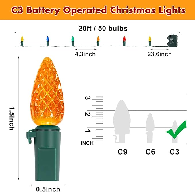 Brightever C3 Battery Operated Christmas Lights Outdoor, 20FT 50LED Battery Christmas Lights with Timer & 8 Lighting Modes, Waterproof Strawberry Light for Xmas Tree Wreath, Multicolored, 1-Pack