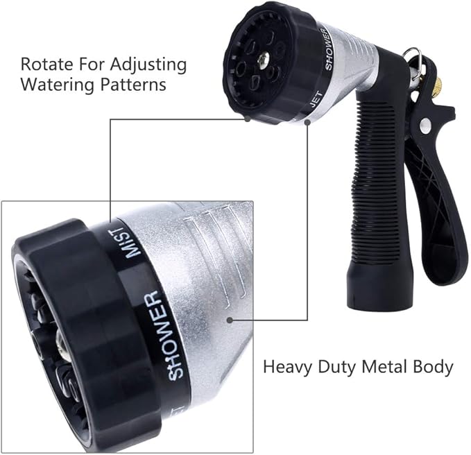 GREEN MOUNT Water Hose Nozzle Spray Nozzle, Metal Garden Hose Nozzle with Adjustable Spray Patterns, Perfect for Watering Plants, Washing Cars and Showering Pets