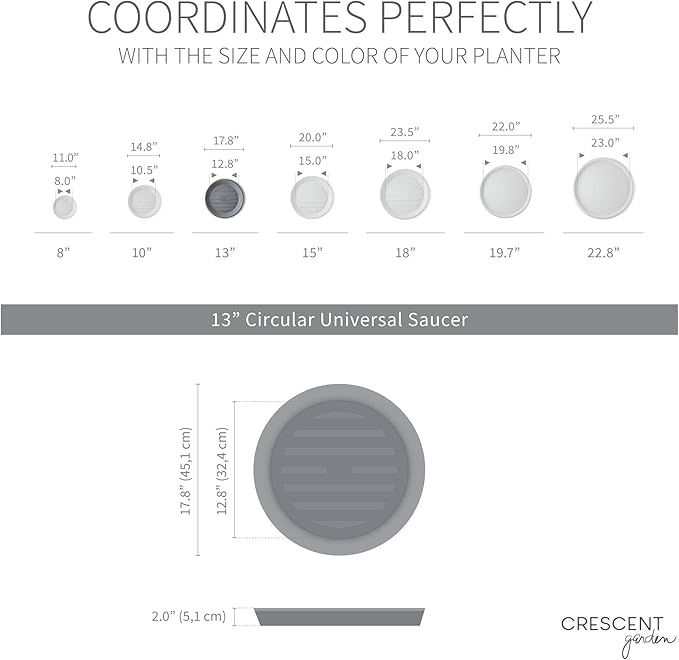 Crescent Garden Universal Round Planter Saucer – Heavy-Duty Drainage Tray for Indoor & Outdoor Use – Fits Pots with 13" Base (18" Total Outer Diameter) - Bark Brown