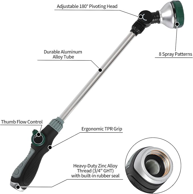 Watering Wand for Garden Hose, 24 Inch, 8 Spray Patterns, Garden Hose Nozzle with Thumb Flow Control, Adjustable Water Sprayer with Pivoting Head, Ideal for Hanging Baskets and Shrubs
