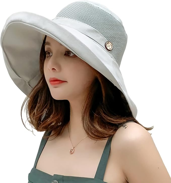 Women Wide Brim Sun Hats Metal Wired Edge Summer UV Protection Beach Fishing Hat for Hiking Garden Travel Chin Strap