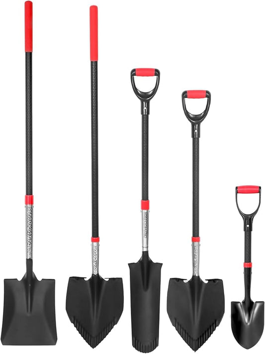 SHARK ATTACK 5-Piece Steel Shovel Set with D-Grip Handles - Multi-Size Garden Shovels with Powder Coating for Digging, Planting & Car Emergency