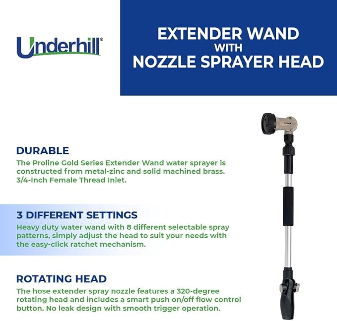 Underhill Proline Gold Series Garden Watering Extender Wand for Hose with Nozzle Sprayer Head, 3/4-Inch Thread Inlet, Jet Attachment, NG200-TW