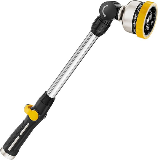 FANHAO Metal Garden Hose Wand, 16-Inch Heavy Duty Watering Wand with 9 Spray Patterns, 180° Rotating Long Garden Hose Nozzle Thumb Flow Control, Ideal to Water Hanging Baskets and Shrubs -Yellow