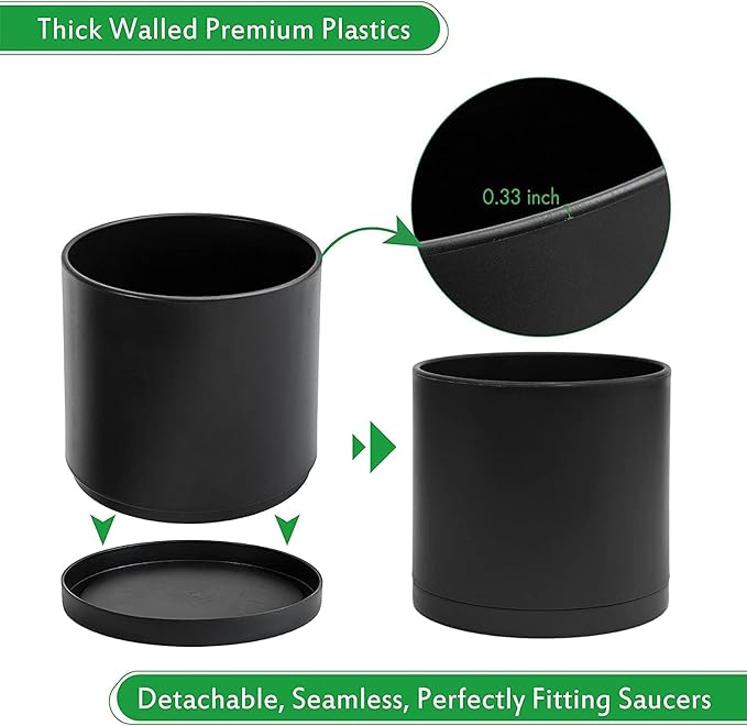 D'vine Dev 2 Pack 12 Inch Modern Plastic Plant Pots, Small Garden Planters for Plant with Drainage Holes and Saucers, Black Color, 74-Y-P-1