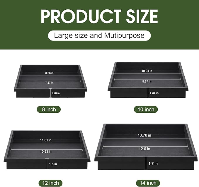 NATSUKY Square Plant Saucer 4 Pack 8 10 12 14 Inch Plant Trays for Indoors Heavy Duty Plastic Flower Plants Saucers for Pots Outdoors No Holes Drip