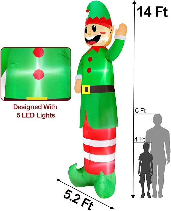 14 Ft Super Tall Christmas Inflatable Elf, Christmas Inflatables Decoration Outdoor Blow Up Giant Santa Elf with Built-in LED Lights Inflatable Christmas Decoration for Yard Outside Garden Lawn