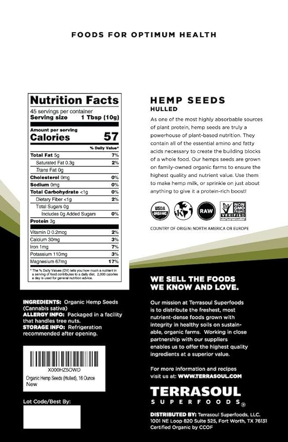 Terrasoul Superfoods Organic Hemp Seeds, 2 Lbs (2 Pack) - Hulled | Fresh | Protein Rich | Omega Fats