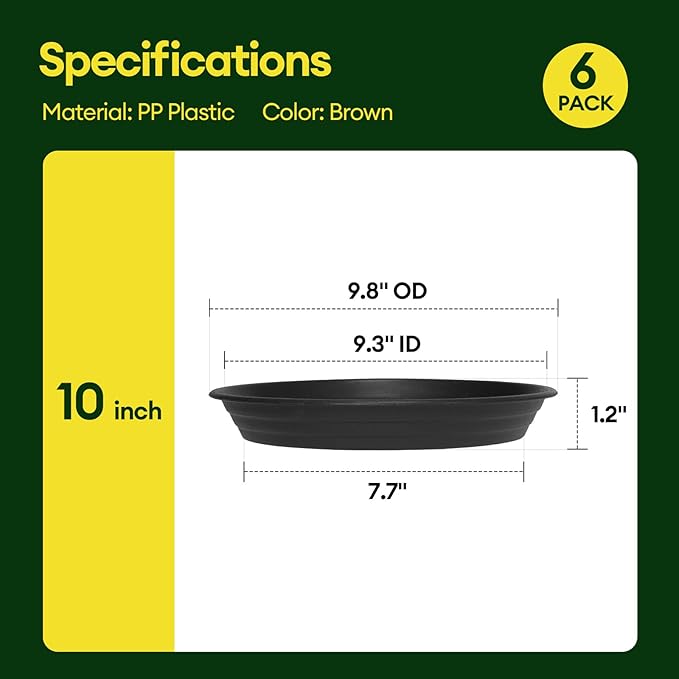 6 Pack Plant Saucer, 8 10 12 inch Plant Saucers for Indoor, Heavy Duty Plastic Plant Trays for pots, Grow Bags, Bird Baths, Flower Drip Trays for Indoor and Outdoor Uses (10", Black)