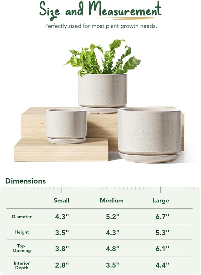 LE TAUCI Ceramic Plant Pots, 4.3+5.3+6.8 inch, Set of 3, Planters with Drainage Hole and Saucer, Indoor Flower Pot with Hole Mesh Pad, Gifts for Mom, Reactive Glaze Beige