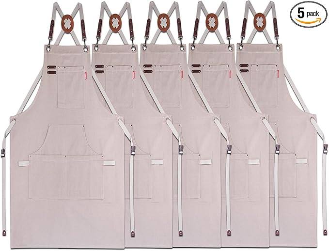 5 Pack Kitchen Apron, Work Apron, Canvas, Multiple Pockets, Gardening, Painting, BBQ, Artist, Carpenter, Sizes M to XXL, Grey
