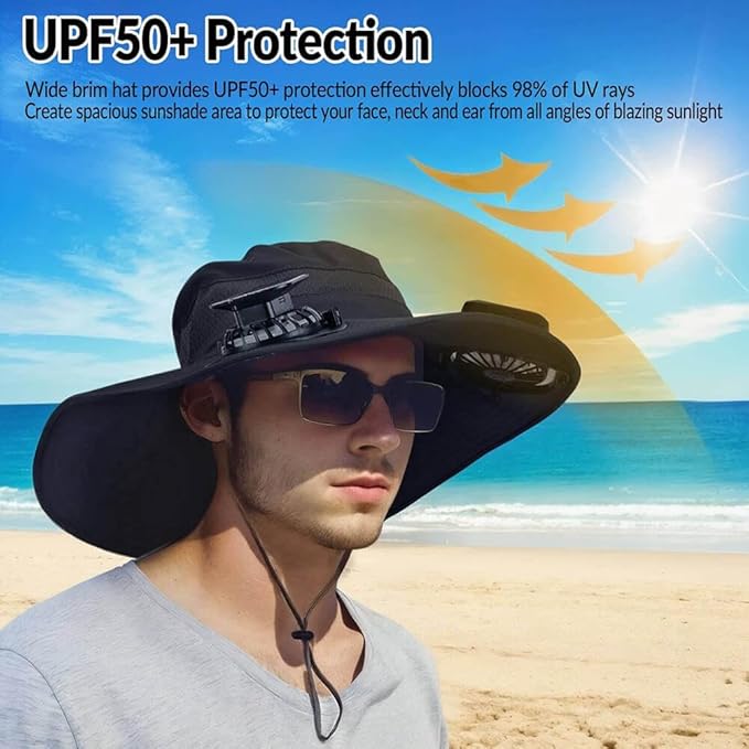 Solar Powered Fan Hat for Men Women Wide Brim Hat with 2 Fans UPF 50+ Outdoor Fishing Beach Sun Hat