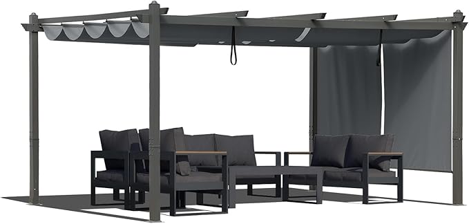 BPS 12x14 FT Outdoor Pergola - Retractable Shade Canopy with Aluminum Frame & Roller Shade Curtains for Patio, Backyard, or Deck, Gray