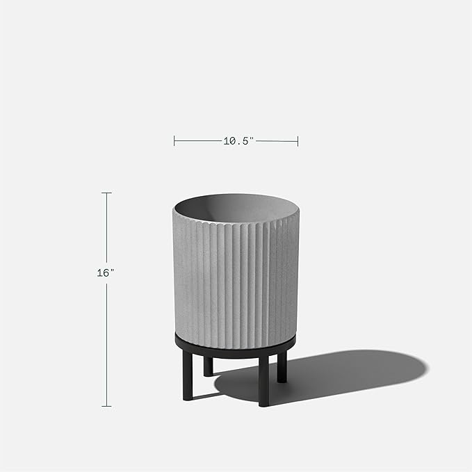 Veradek Demi Series Round Planter w/ Stand for Porch/Patio | Durable Plastic-Concrete & Wooden Stand | Modern Décor for Tall Plants, Flowers