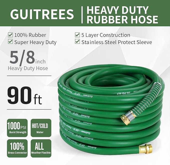 90FT 5/8 Heavy Duty Rubber Garden Hose - 200psi Working, 1000psi Burst - Hot/Cold Water - Five-Layered Braiding for Durability - Versatile for Gardening, Agriculture, Construction(Green)