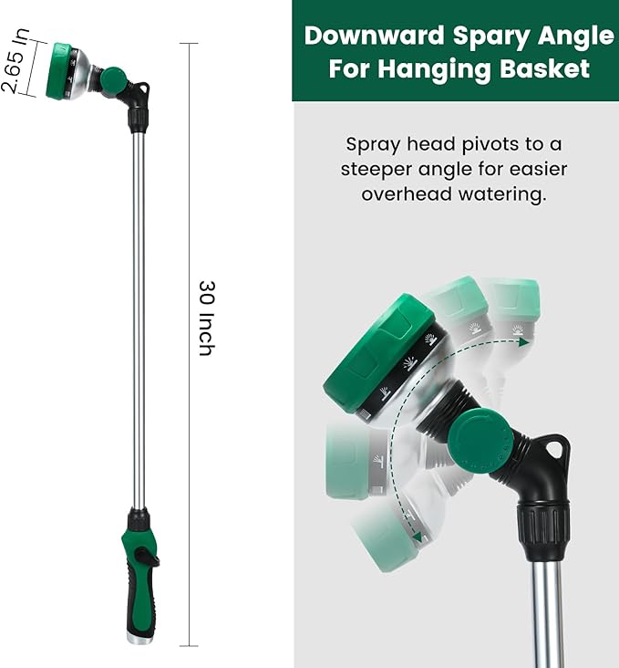 Watering Wand for Garden Hose, 30 Inch, 10 Spray Patterns, Thumb Control Garden Hose Nozzle, Adjustable Water Sprayer with Pivoting Head, Ideal for Hanging Baskets, Plants, and Shrubs, Green